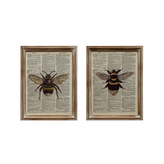 Wood Framed Glass Bee Book Print Wall D&#xE9;cor Set